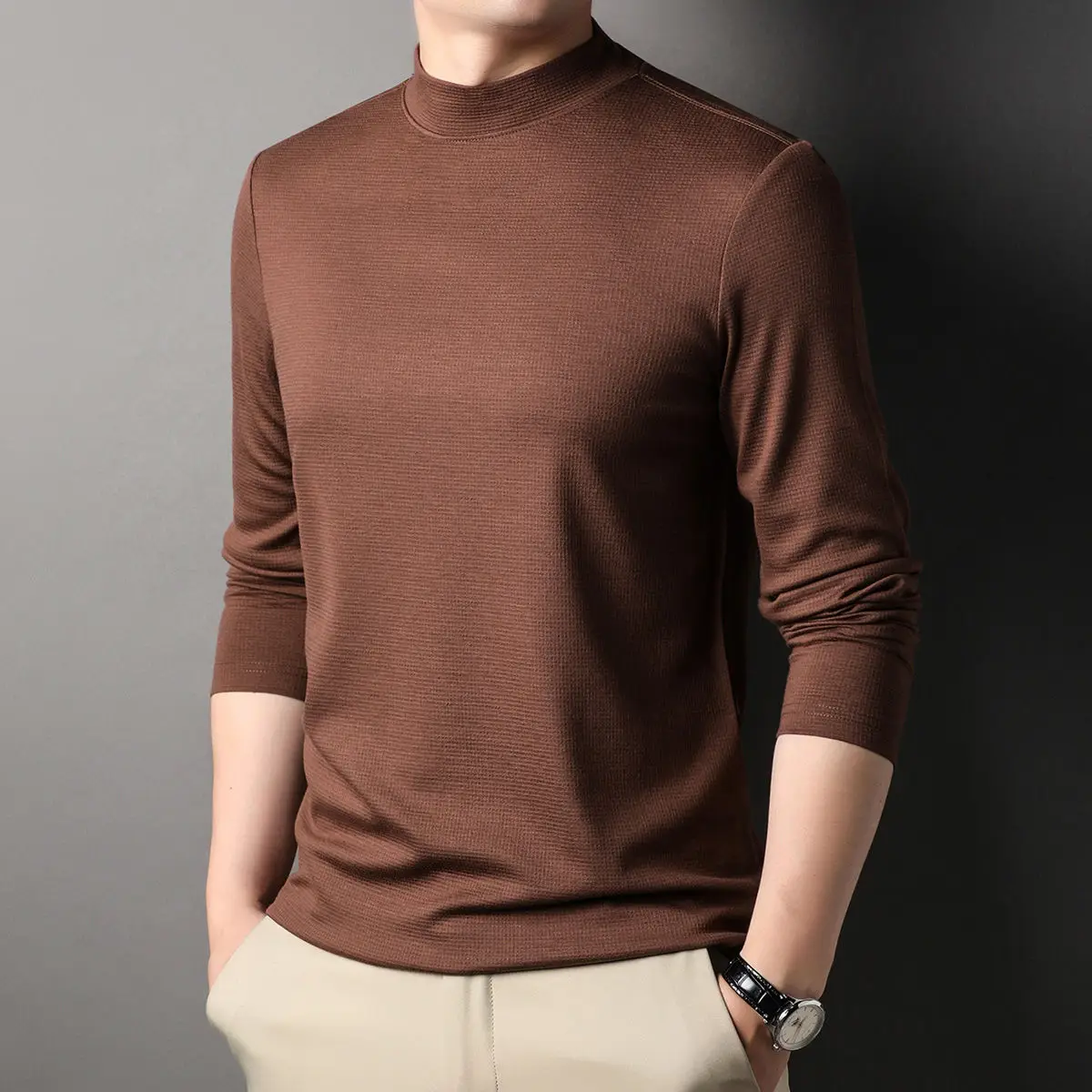 Fashion Stylish Men's Tops Turtleneck Solid for Layering Oversized modal T-Shirt Spring  Autumn Classic Workwear Casual Tshirt