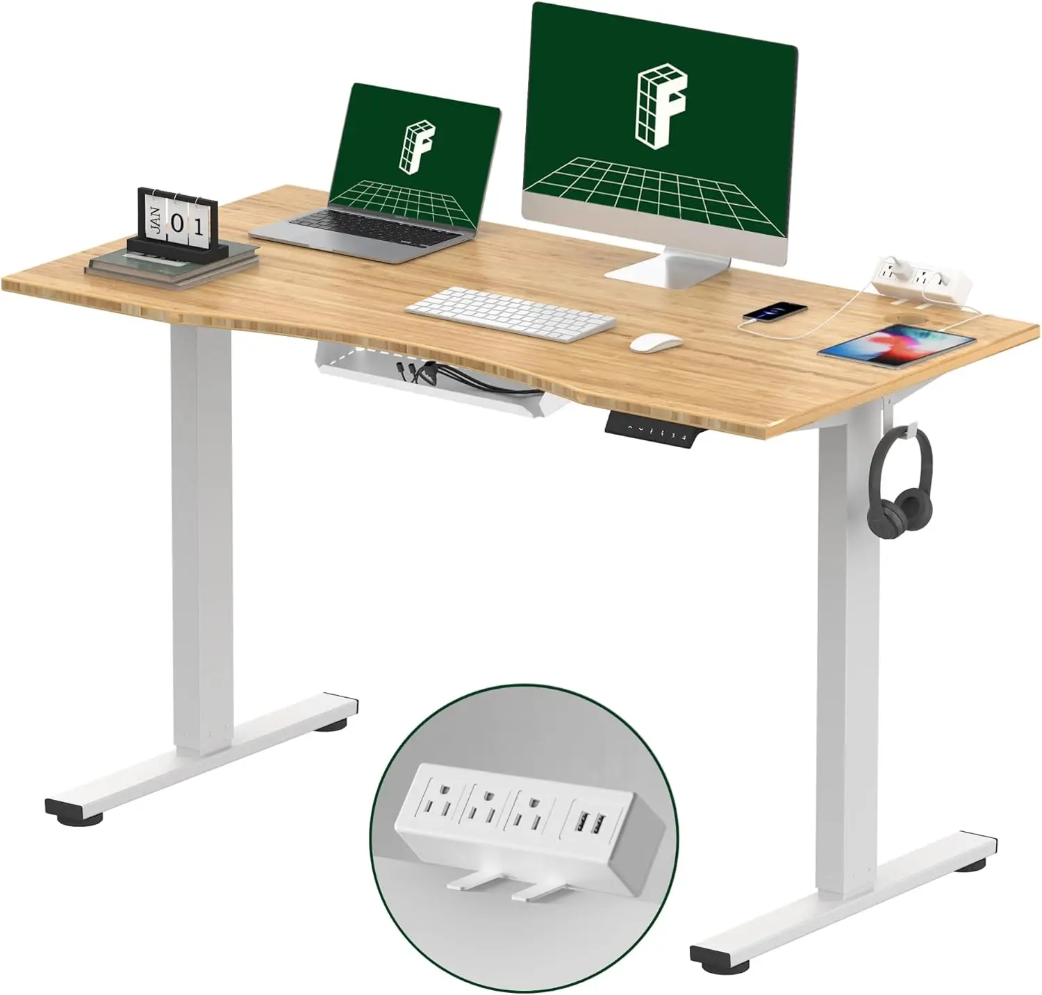 

EN2 Whole-Piece Bamboo Standing Desk with Clamp Power Strip 48 x 24 Electric Stand Up Height Adjustable