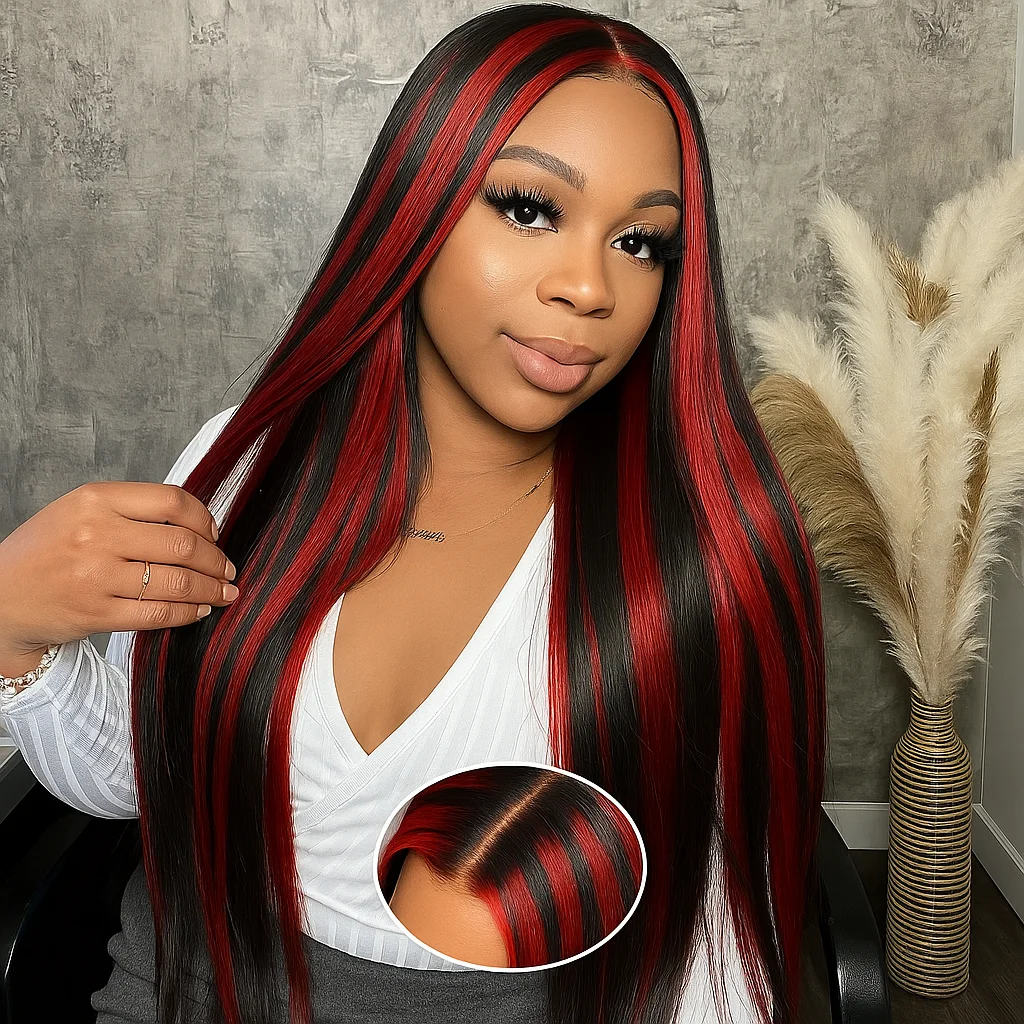 5x5透明フロントレースボーンストレートグルーレスヘアウィッグ 密度200% ハイライト1B/99J ブラジリアンヘアウィッグ 生え際プレプラッキング済み 女性用