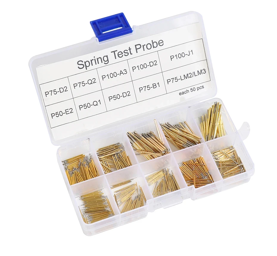 500-teiliges Federprüfspitzen-Set P50/P75/P100 Serie, vergoldete Pogo-Pins für PCB ICT-Tests, 10 Tipptypen, je 50 Stück – Detail 2