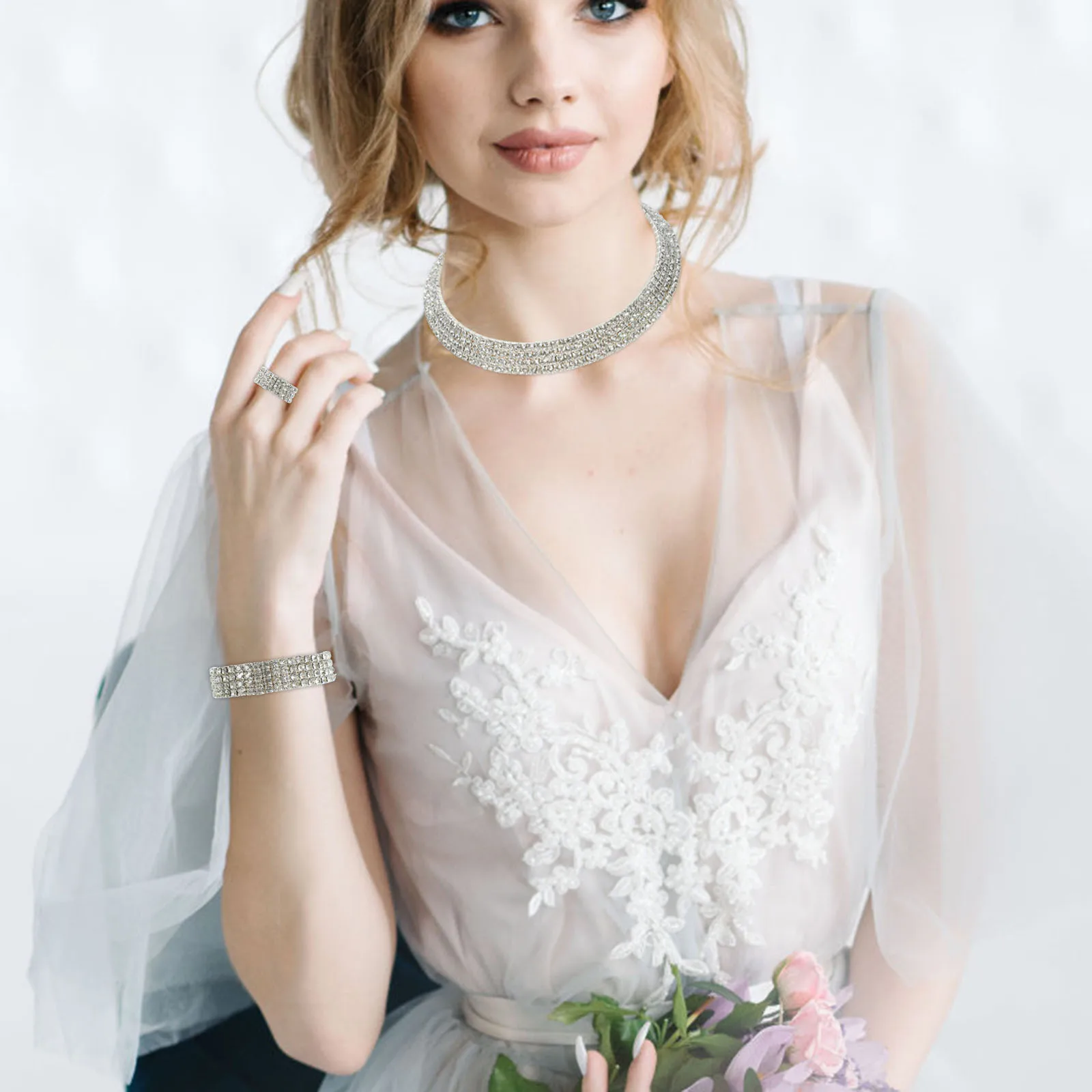 1Set Women Rhinestone Jewelry Set Necklace Earrings Ring Bracelet Bridal Wedding Jewelry Gift Bride Jewelries Women Earrings