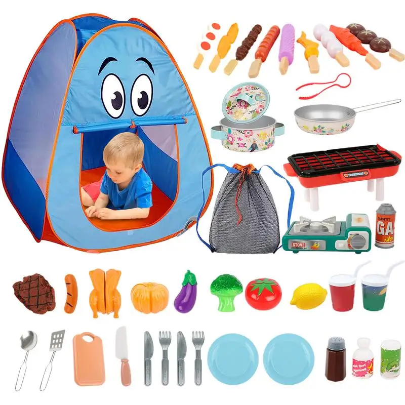 Conjunto de acampamento com Play Tent para crianças, brinquedo ao ar livre com simulação de alimentos, pote, 3 anos indoor, 40pcs