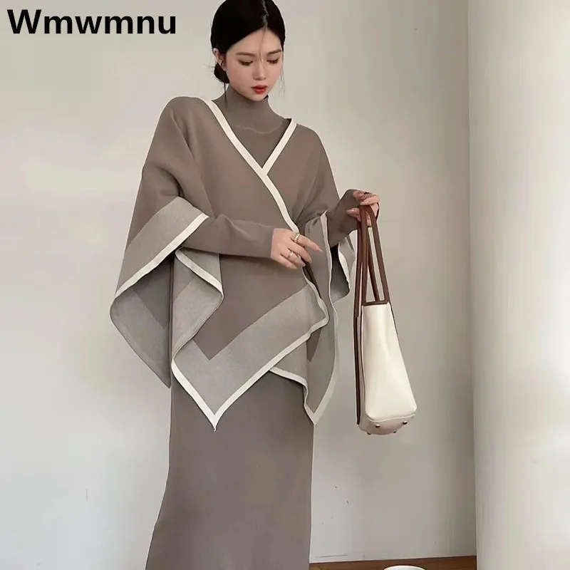 

Womens Knitted Dresses 2 Piece Sets Sweater Half High Collar Dress Conjuntos Knit Spliced Color Shawl Cape Suit Elegant Oversize