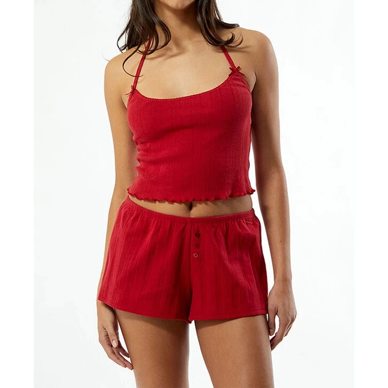 

HEZIOWYUN женская одежда для дома, пижамный комплект из 2 предметов, кружевная отделка, завязка на шее, бретелька без рукавов + эластичные широкие шорты с низкой посадкой