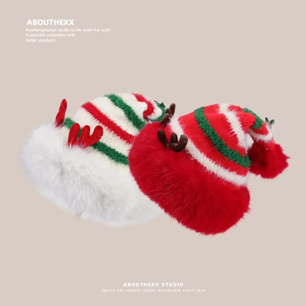 

Christmas Gift Autumn/Winter Cute Cartoon Hats Fleece Thick Deer Antler Beanie Knitted Plush Warm Windproof Hood Festive Hat