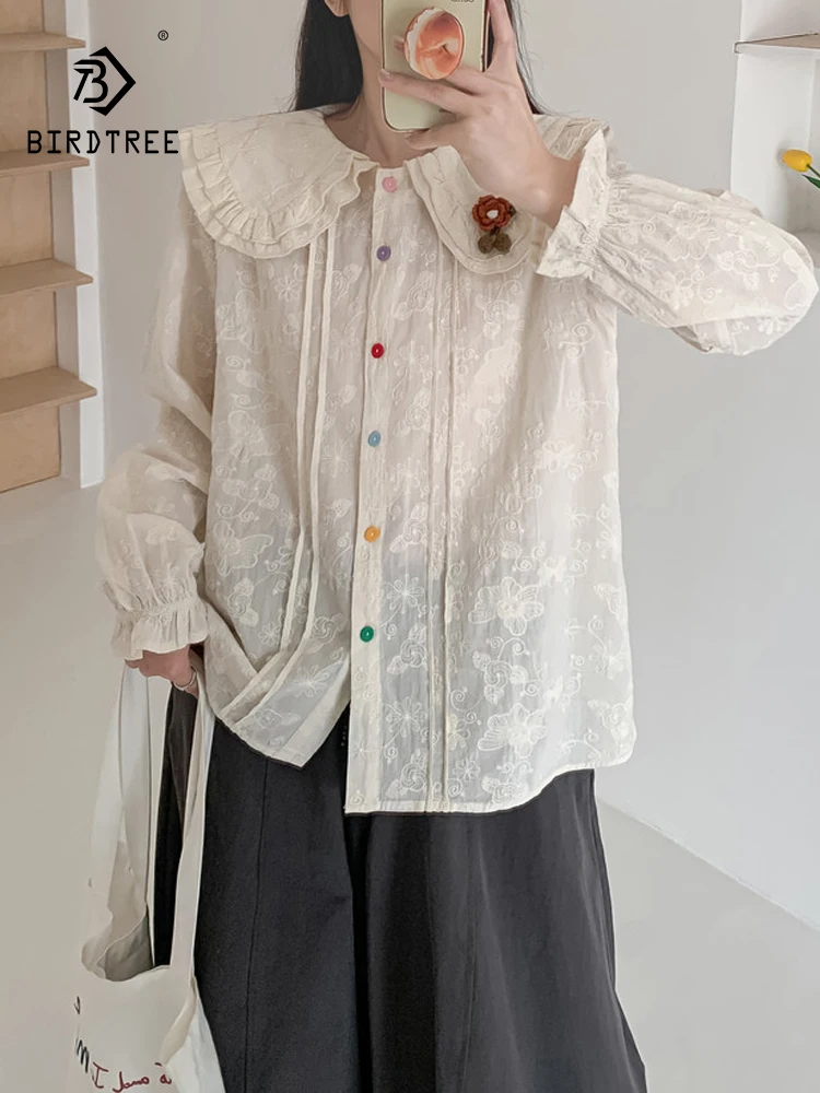 

New 2026 Spring Women Cotton Long Sleeve Shirt, Peter Pan Collar Embroidery, Mori Girl OL Preppy Style Loose Blouse T63253CC
