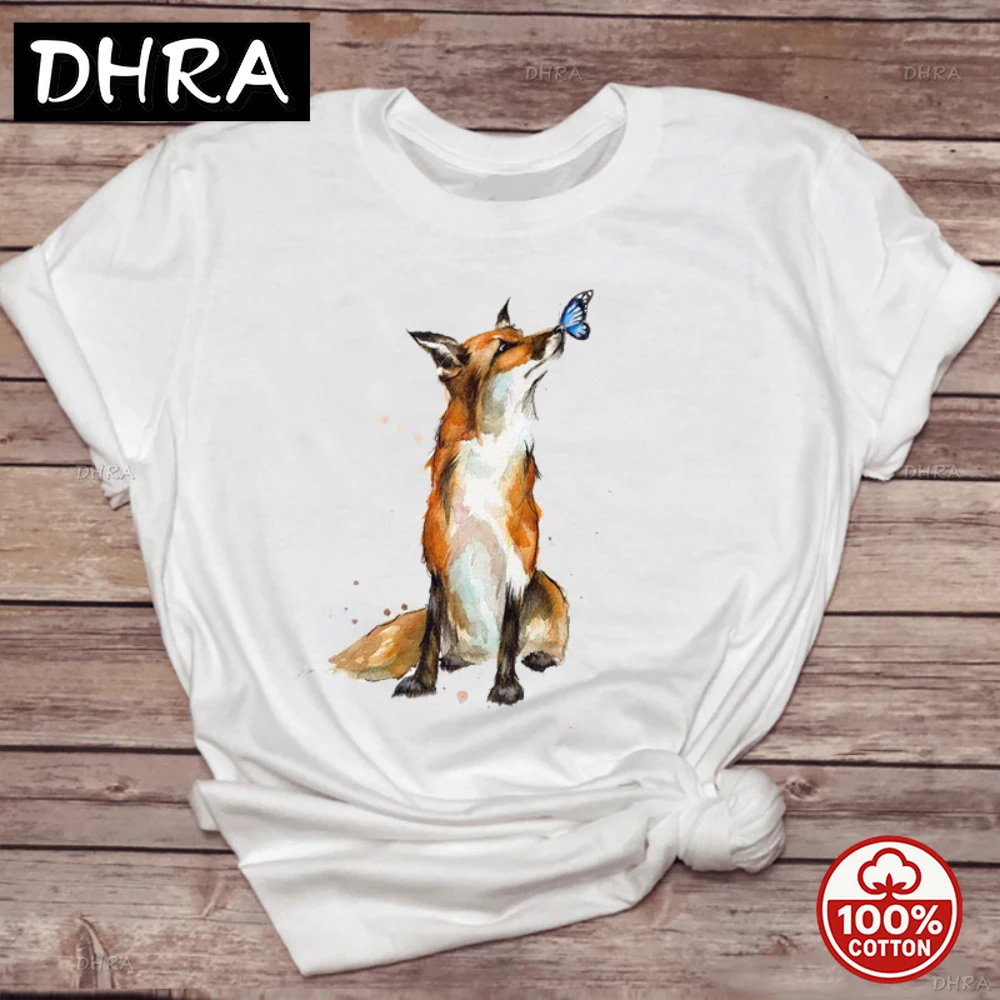 

Women T-shirts Watercolor Fashion Short Sleeve Fox Animal Ladies Print Graphic Top Lady T-Shirt Daily Streetwear Aesthetics
