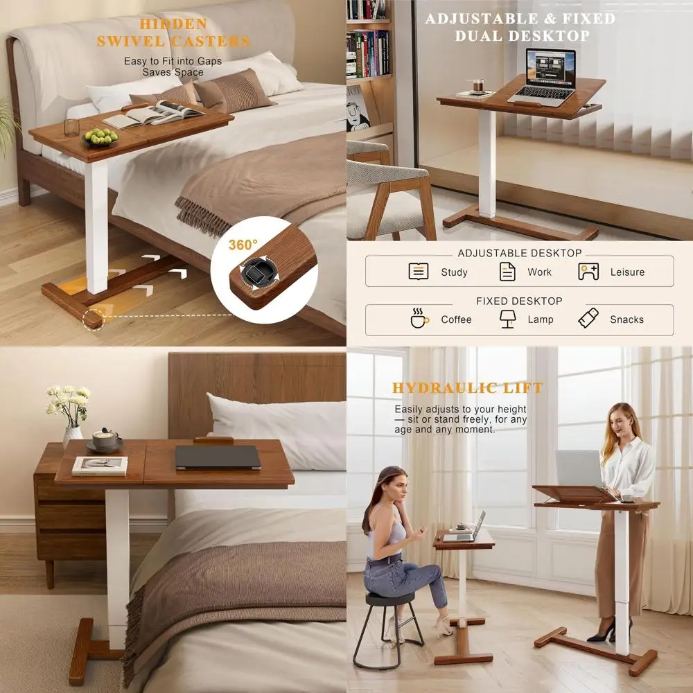 

Walnut Dual-Surface Overbed Table with Hidden Wheels, Adjustable Laptop Desk for Hospital or Home Use