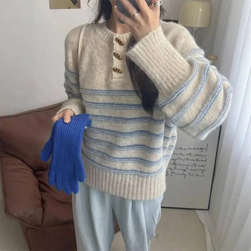 

Корейский шикарный пуловер с роговицами, женский Y K, модный полосатый вязаный свитер, осенний мягкий теплый трикотаж, одежда для женщин
