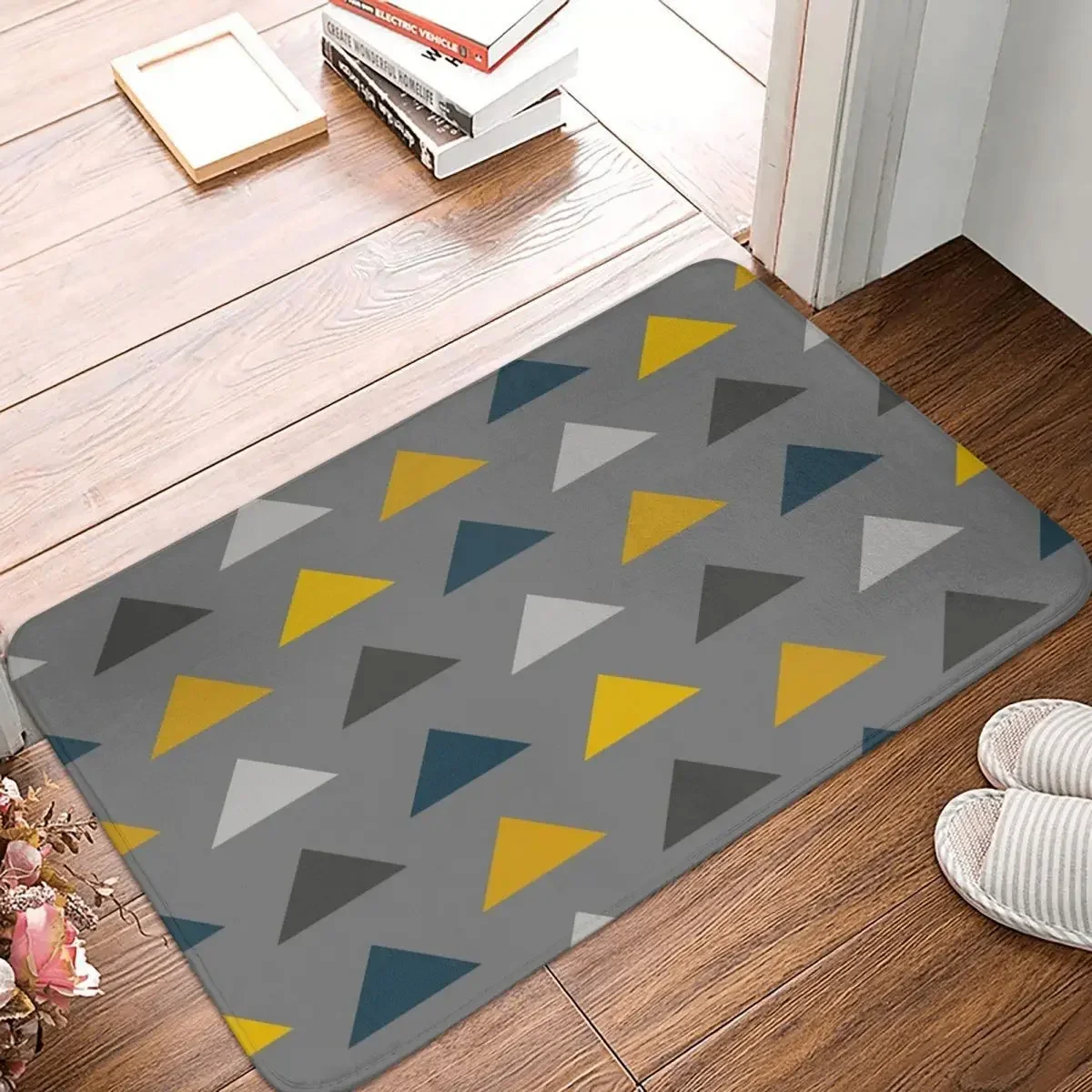 Geometric Triangles Pattern In Mustard, Grey And Blue Doormat Rug carpet Mat Footpad Anti-slip Corridor Kitchen Bedroom balcony