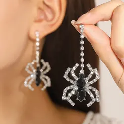 Punk Diablo Exaggeration Crystal Spider Earrings for Women Silver Color Long Geometric Statement Earrings Halloween Jewelry 2024