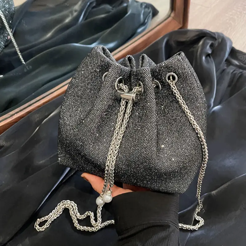 Trendy Blingbling Drawstring Chain Bucket Bag Female Crossbody Bag Women Commute Shoulder Bag