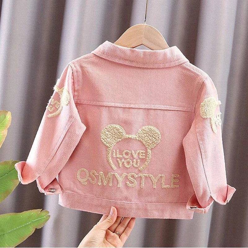 New Pink Girls Denim Jacket Spring Autumn Cute Letter Embroidery Loose Short Coat Toddler Baby Girl Casual Outerwear 1-8Years