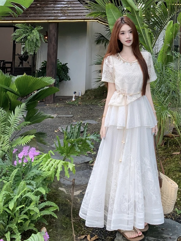 

plus Size Women's Bohemian Hollow out Knitted Top And Cake Skirt Two Piece Set Summer Ethnic Style Loose Fit Office Wear