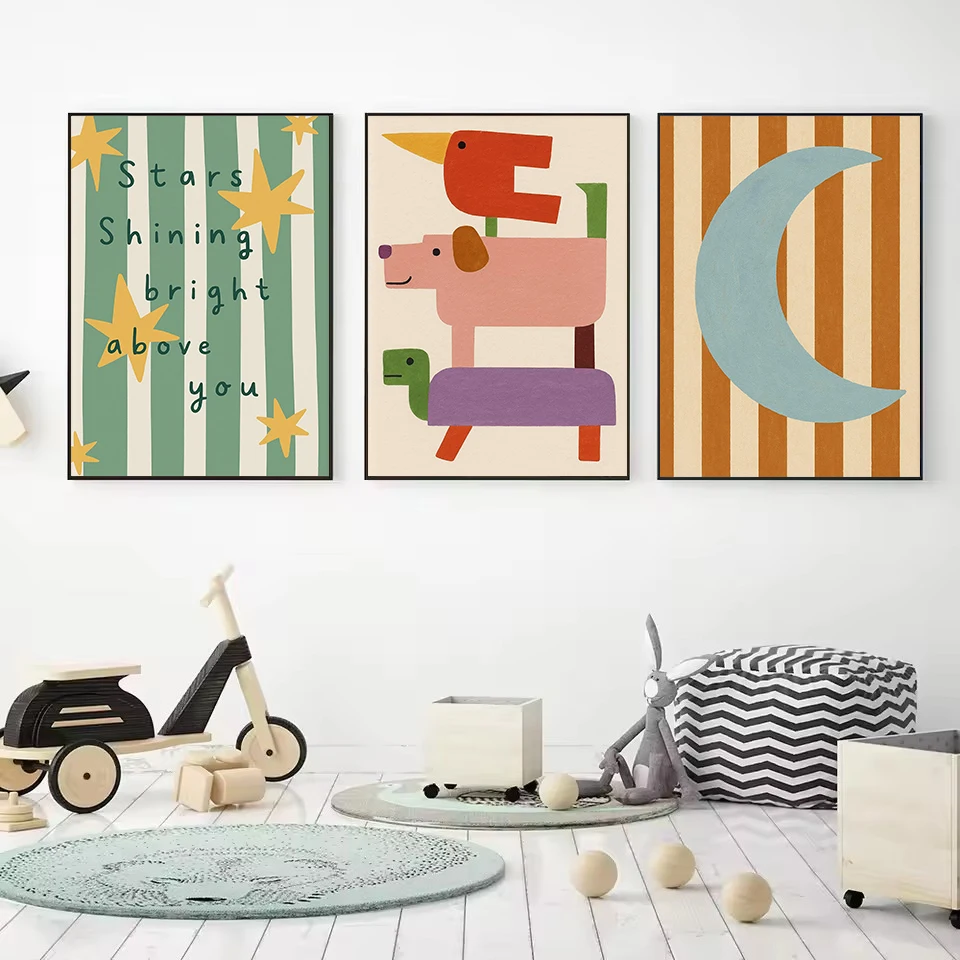 1PC frameless decorative art print,Cartoon Abstract Animals Happy Snail Cowboy Frog Nordic Nursery Poster Prints Canvas Painting