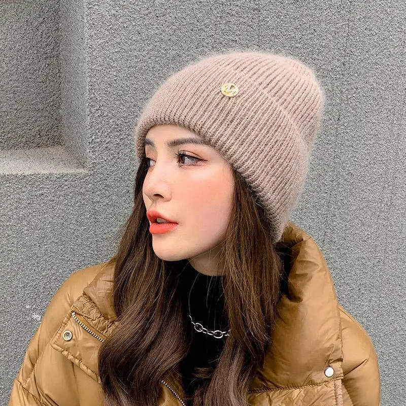 Winter Hat for Women\'s Pure Color Simple Cuffed Angora Rabbit Fur Knitted Hat Thickened Warm Plush M Letter Ladies Pullover Hats