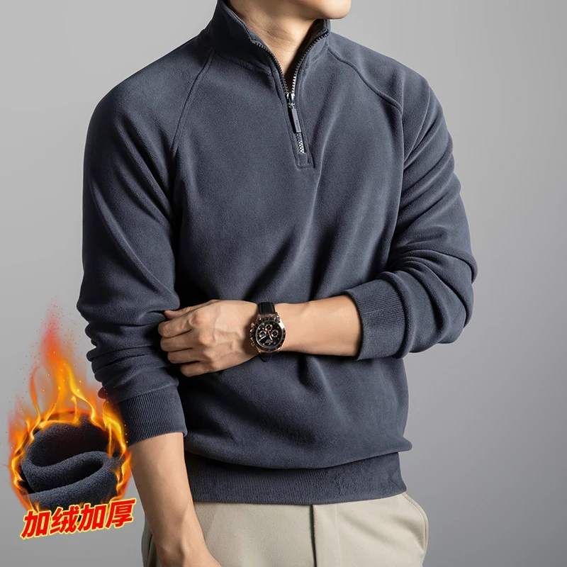 High-end Semi-high Neck Zip-Up Sweatshirt for Men Fleece-lined and Thickened 2025 New Autumn/Winter Warm Long Sleeve Top for Men