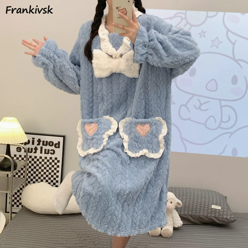 Sweet Nightgowns Women Twist Bow Pockets Winter Warm Elegant Exquisite College Temperament Normcore Versatile Japanese Style