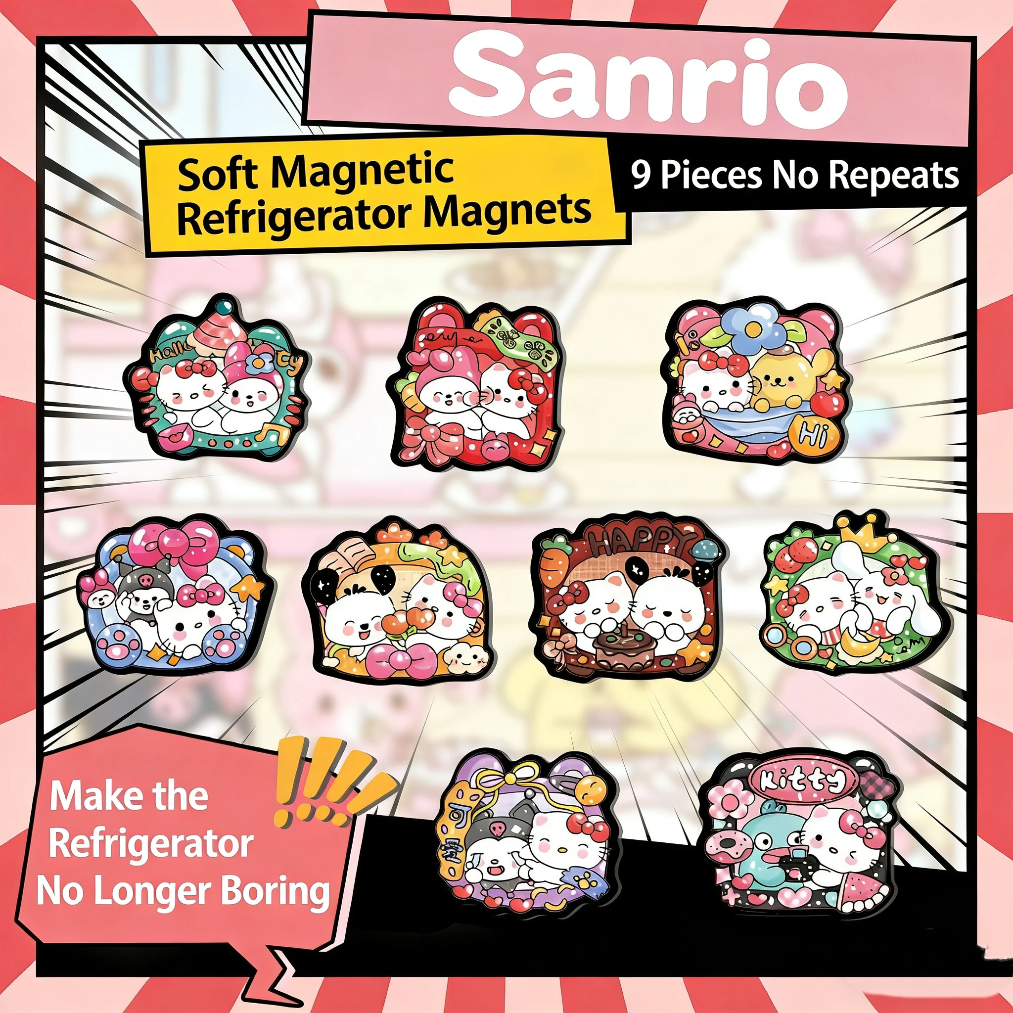 

9Pcs Cute Hello Kitty Refrigerator Magnets, Kawaii Cartoon Strong Magnetic Fridge Stickers, Reusable Kitchen Decor for Fans Gift