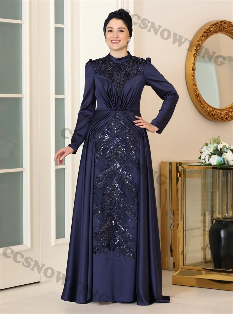 Appliques Beaded Satin Muslim Hijab Evening Dresses Islamic Long Sleeve Women Formal Party Gown Arabic Dubai Moroccan Caftan