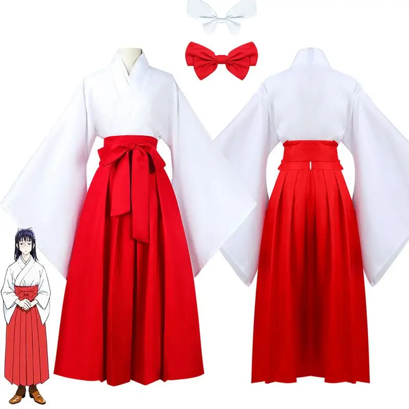 Kimono Cosplay Costume Women Japanese Anime Halloween Full Set White Long Sleeve Top Red Pleated Long Skirt Bow Wig Outfit
