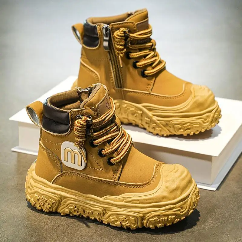 Boys Leather Boots 2026 New Autumn Kids Fashion Shoes Black Anti Slip Wear Resistant for Big Middle Kids