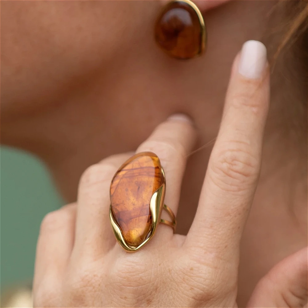 غير النظامية حجر الكهرمان بيان الفولاذ المقاوم للصدأ خواتم للنساء مطلية بالذهب خمر قابل للتعديل فريد هندسية مجوهرات من مادة الراتنج