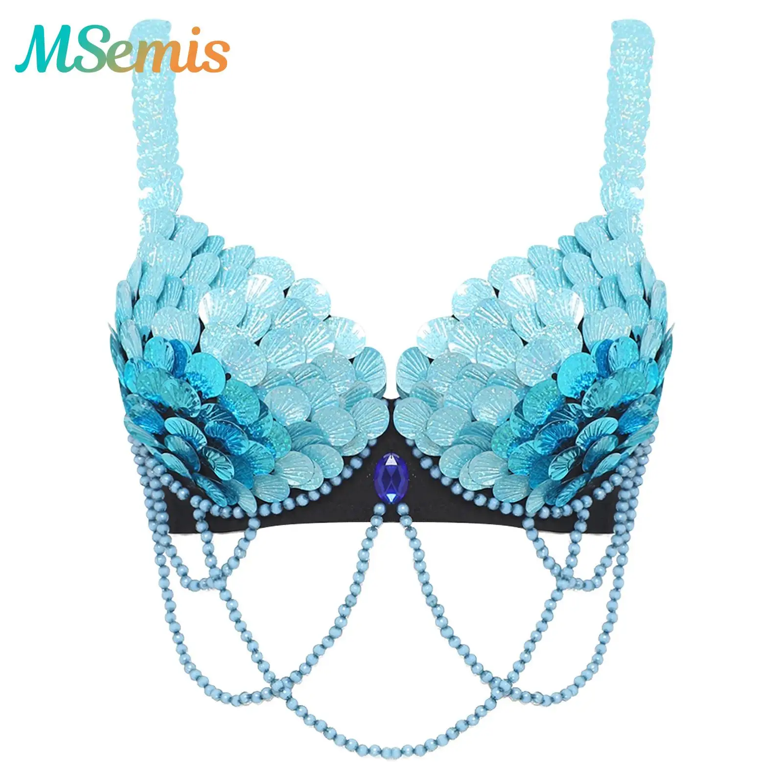 Sujetador de danza del vientre de sirena para mujer, Tops de madera del vientre, disfraz de Cosplay, decoración de lentejuelas a escala de pescado, Bralette con aro push-up, Balconette