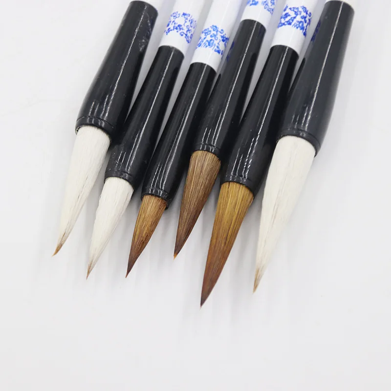 3 Pcs Chinese Writing Brush Set Blue and White Porcelain Pen Holder Traditional Painting Brush Regular Script Calligraphy Pens