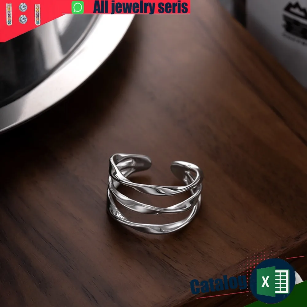 خط موجة هندسية قابل للتعديل حلقة مفتوحة مطلية بالفضة مجوهرات حديثة قابلة للتكديس للنساء #1