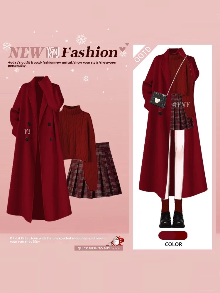 

Korean Sle Long Red Woolen Coat Women's Autumn Winter Double Button Plaid Skirt Tee Piece Set Faionable Adult Clothing