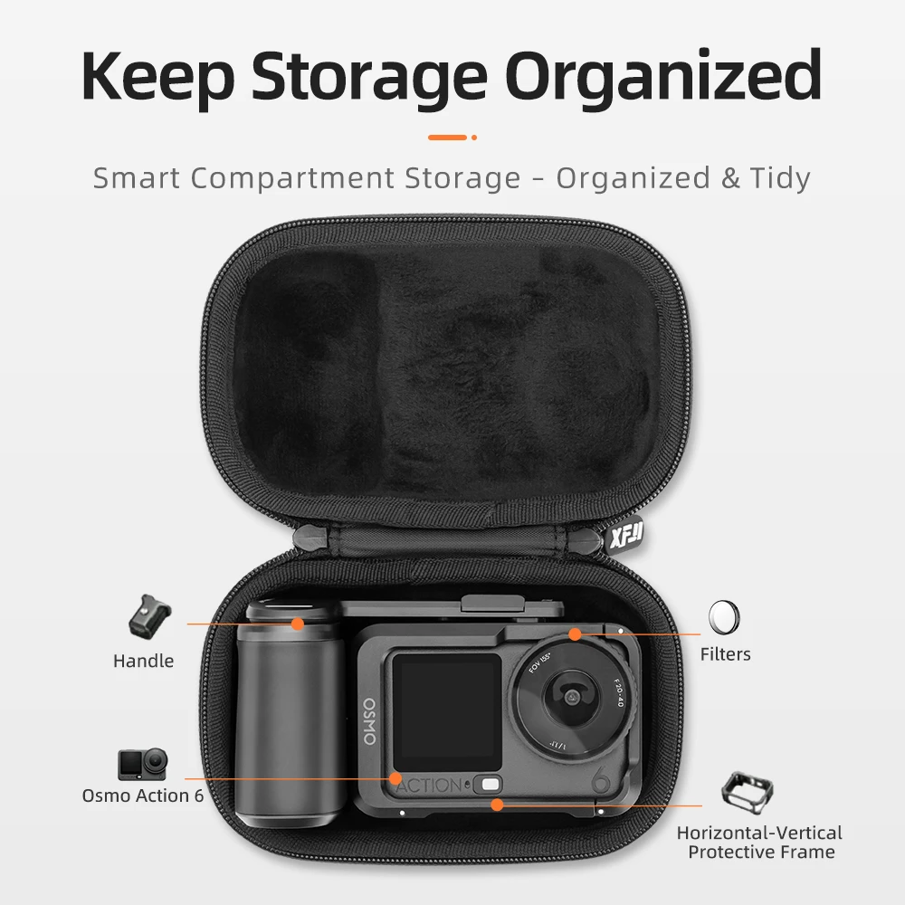 XFJI Storage Bag Compatible with DJI Osmo Action 6 Street Photography Handle Accessory Kit Travel Carrying Case Organizer