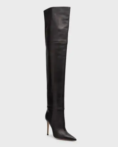 Sexy Black Matte Leather Pointed Toe Slip On Stiletto Heels Over The Knee Boots Women Big Calf Slim Thigh Long Boots Size 43