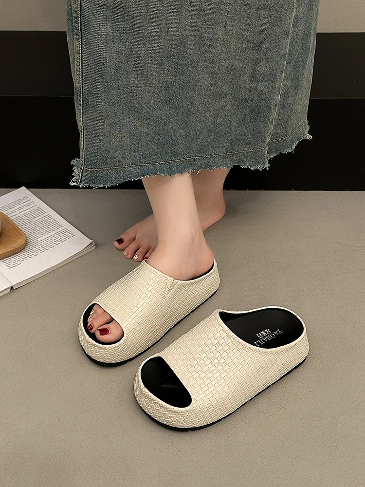 Women's Thick Bottom Woven Mule Slippers Casual Slip-On Summer New Style Increased Versatile Cool Sandals French Style Ultra-...