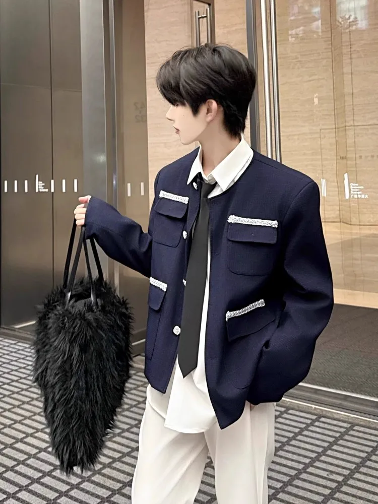 Hot Sale Multi Pocket Mens Short Jacket Contrast Color Design Jackets New Style O-Neck Outerwear Single Breasted Casual Coat