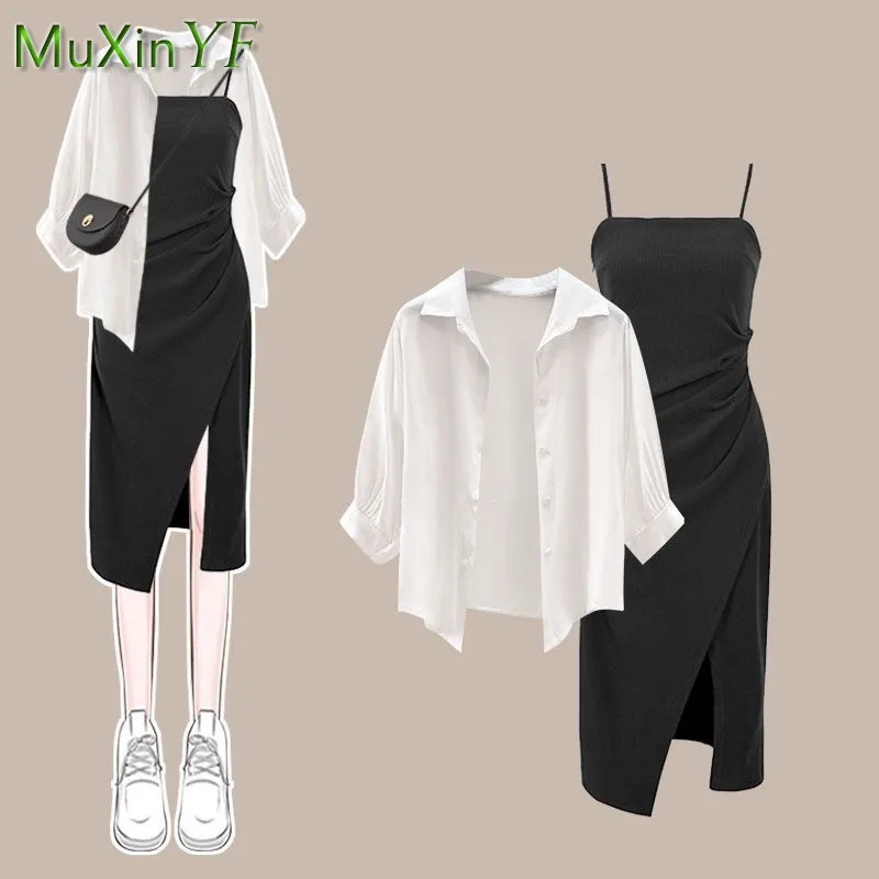 2023 Summer New Dress Matching Set Women\'s Fashion Sunscreen Shirt Top+Strap Skirt Two Piece Korean Elegant Chic Dresses Suit