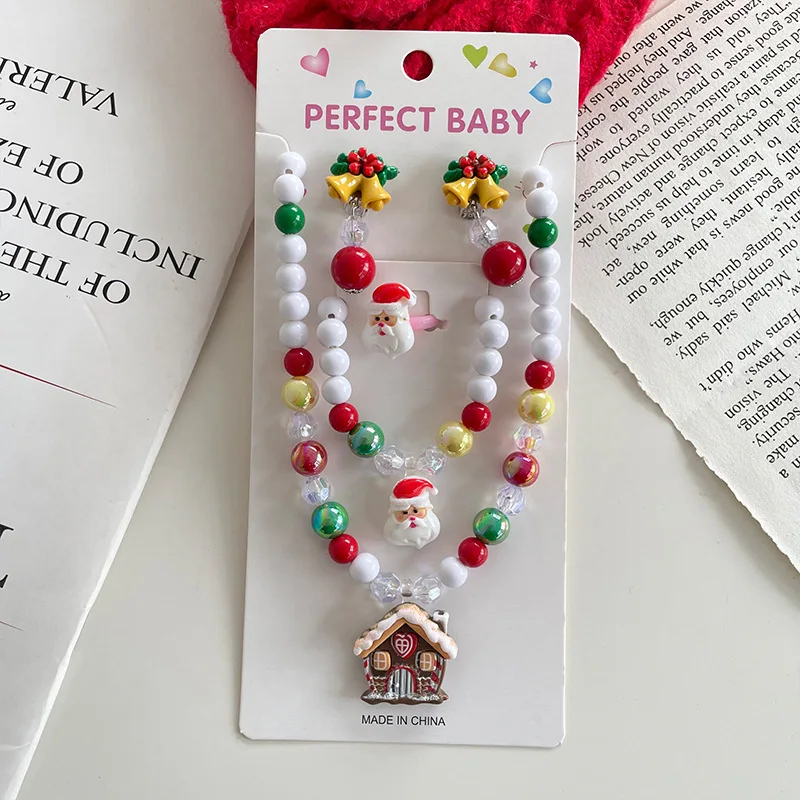 Christmas Jewelry Collection Premium Kids Necklace Bracelet Ear Clip Reindeer Santa Acrylic Lightweight Multicolor Party