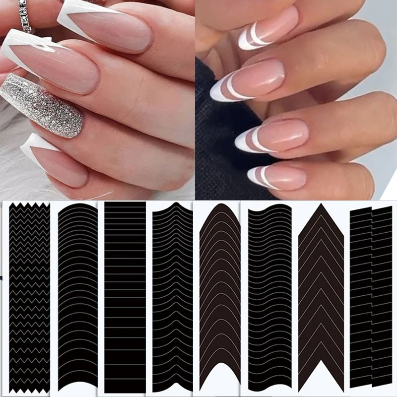 10PCS French Manicure Strip Nail Forms Fringe Tip Guides Sticker Diy Wavy Line Nail Art Tips Guides Sticker Stencil Strips Salon