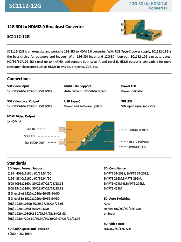 AVMATRIX SC1112-12G Convertitore di trasmissione 4K 2.0 compatibile da 12G-SDI a HDMl con risoluzione fino a 4K60HZ Alimentazione USB tipo C
