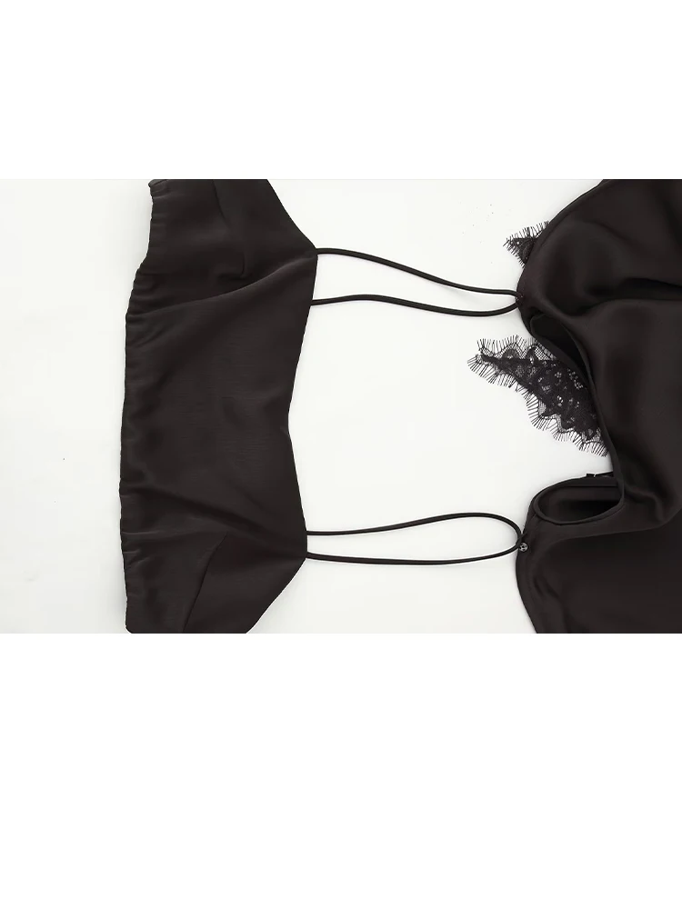 HH Vintage printemps femmes Sexy marron dentelle Satin évider robe élégante femme col rond manches courtes Patchwork fête Club robe