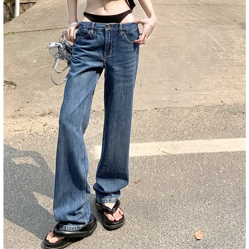 Blue Vintage Tierred Jeans Women Streetwear Hollow Out Y2k Denim Ladies Straight Pants Korean Fashion Soft Jean Mom