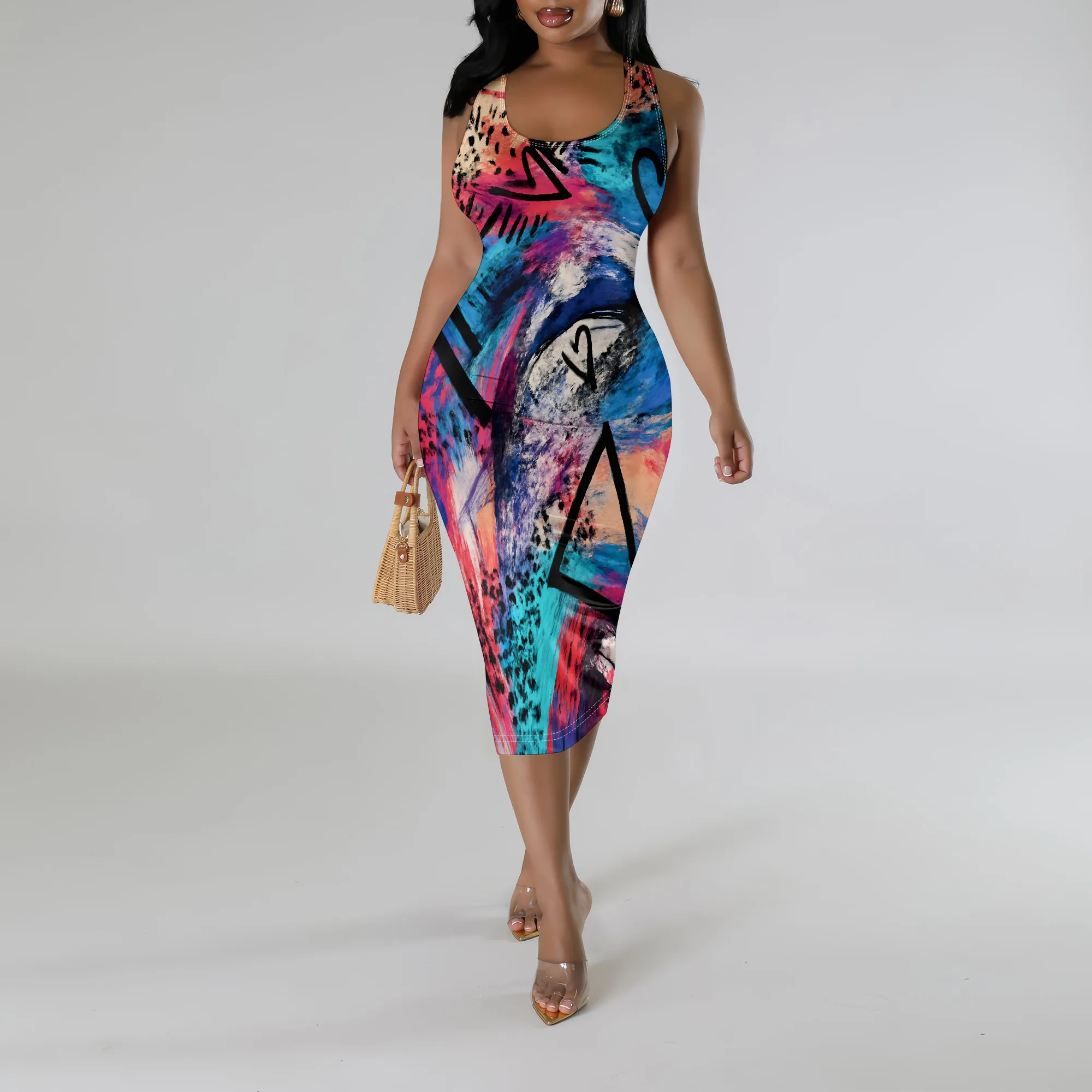 

Graffiti Print Bodycon Midi Dress S-3XL Sleeveless Scoop Neck Slim Fit for Nightclub, Music Festival & Summer Streetwear