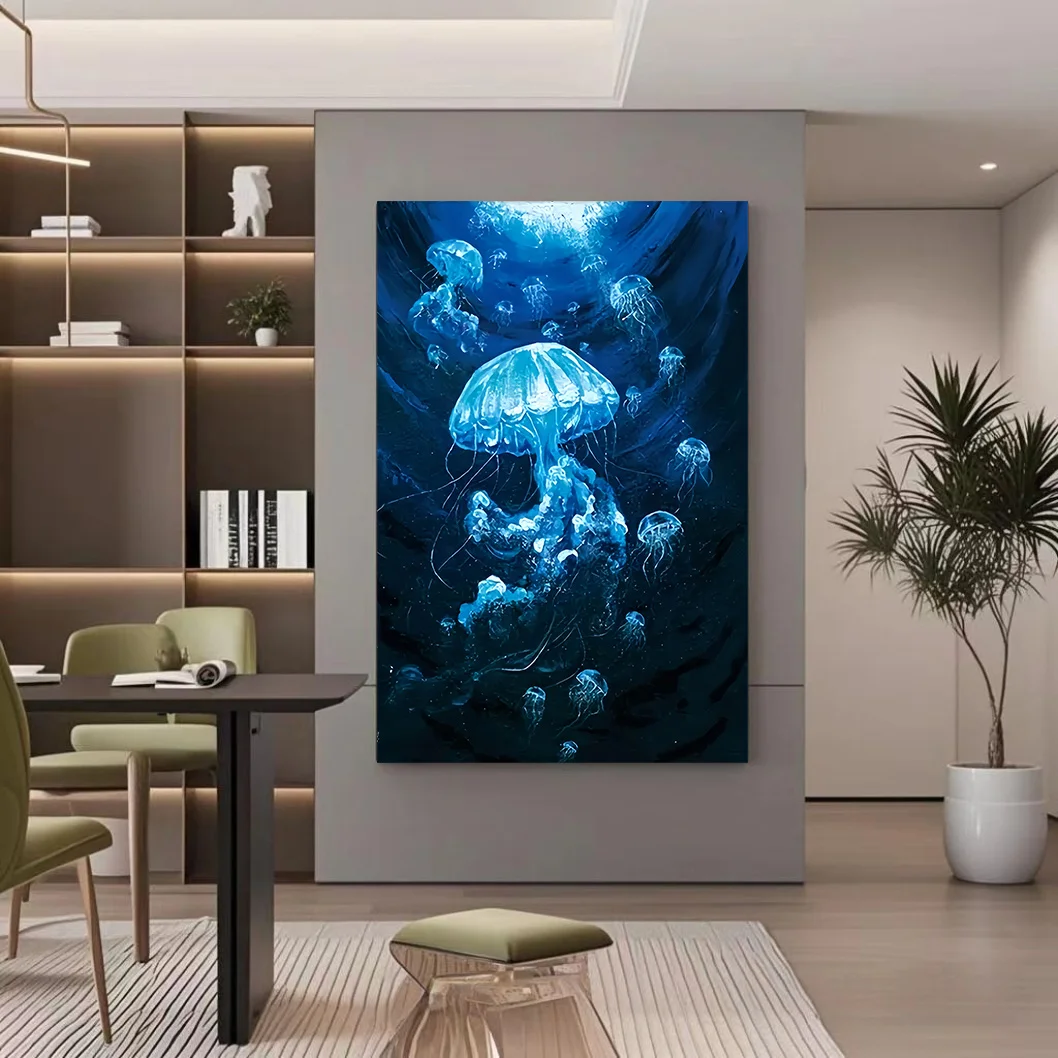 2D Flat, 1pc, Frameless, 31.49x47.24 inches, 2D Flat Dark Blue Jellyfish Art Print, High-Definition Poster, Large Framed Wall