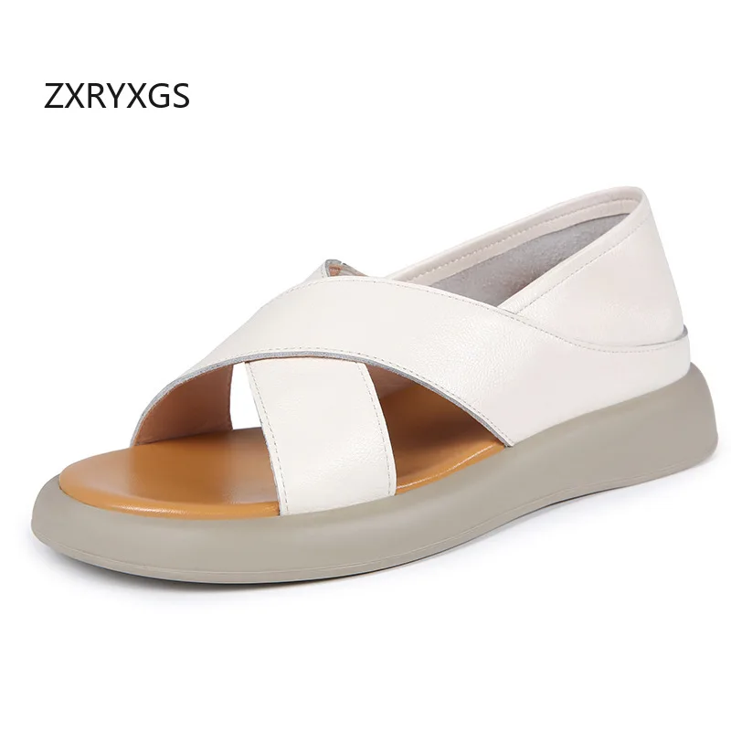 

ZXRYXGS Soft Cowhide Open Toe Women Leather Sandals 2025 New Summer Comfortable Soft Sole Flat Sandals Casual Plus Size Sandals