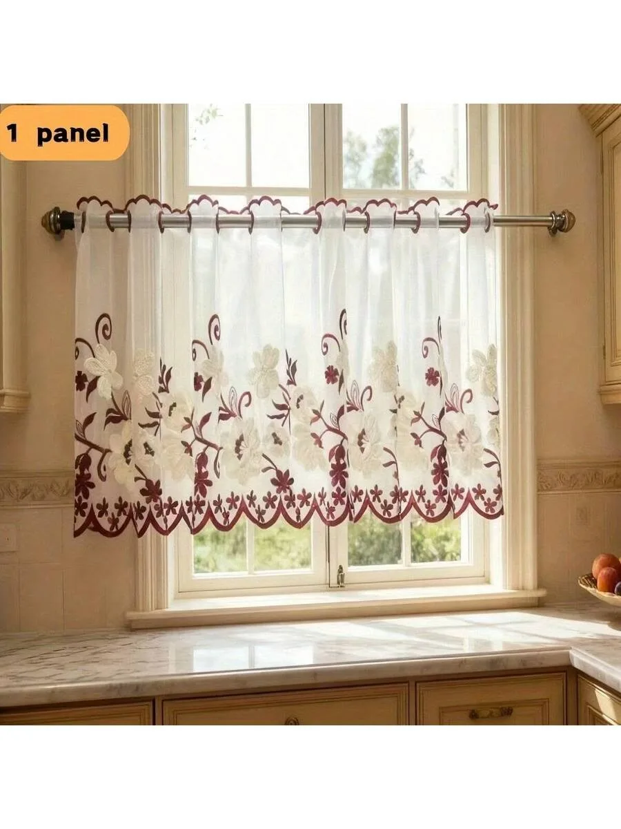 1pc Embroidered Floral Pattern Short Curtain Panel, French Romantic Style Small Window Curtain/Divider Suitable For Living Room