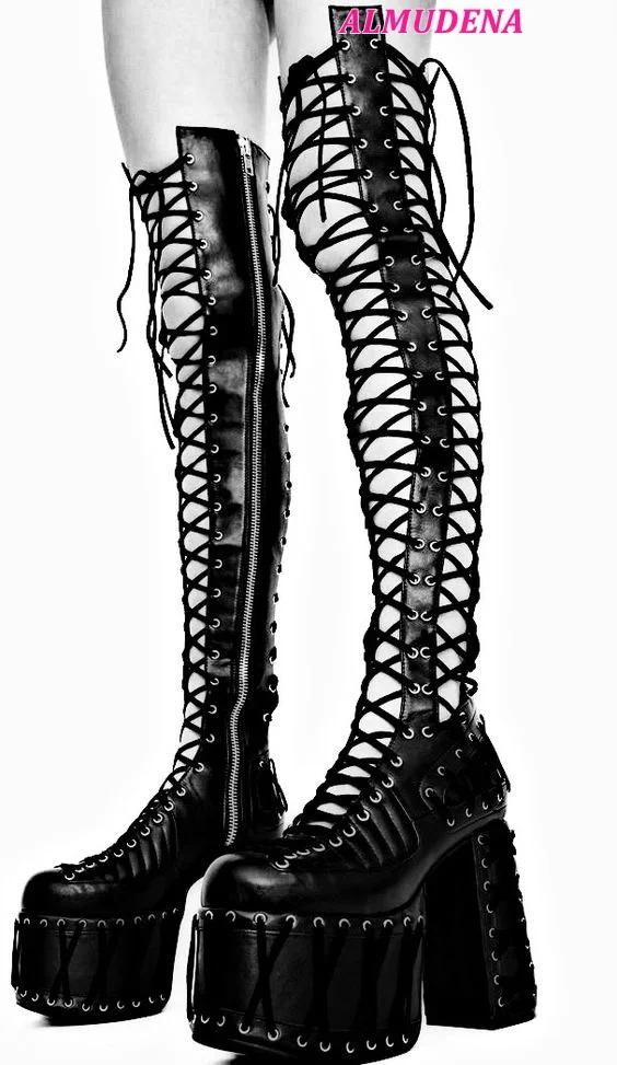 Sexy Black Lace up Platform Boots Women Chunky Heel Leather Over Knee High Boots Luxury Deigner Big Size Stage Dance Shoes