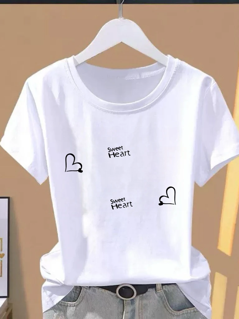 

Korean Style Heart Print Short Sleeve T-Shirt Women's White round Neck Thin Fashionable Versatile Youthful Top