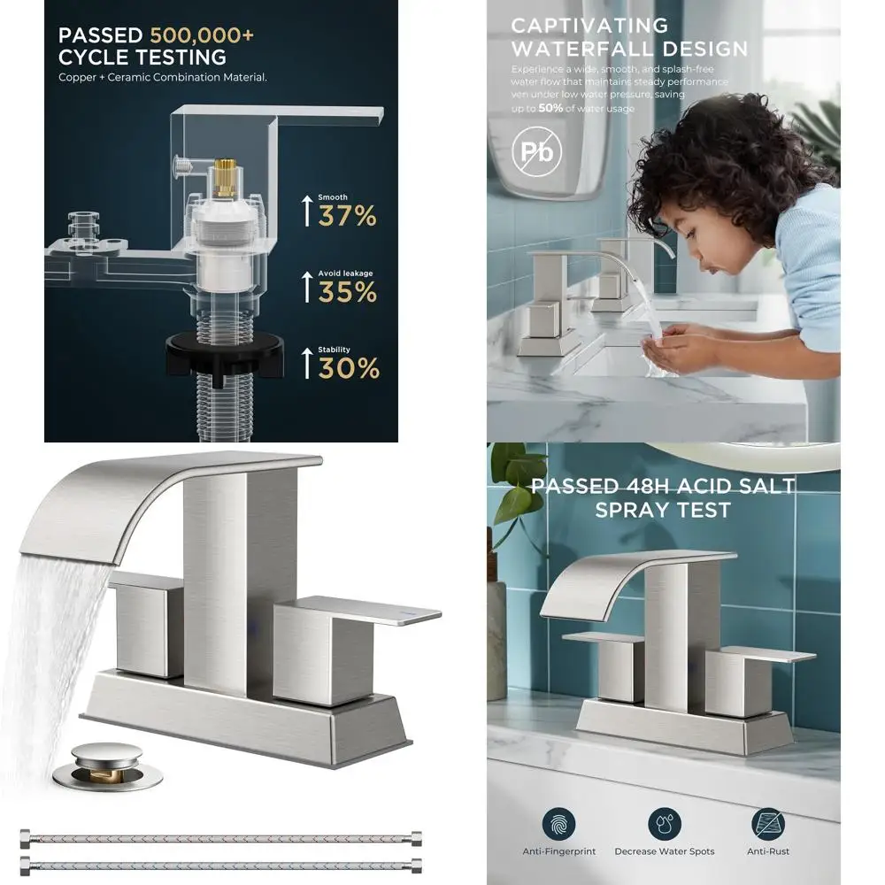 

4 Inch Centerset Brushed Nickel Waterfall Square Sink Faucet with Metal Pop-Up Drain and Supply Lines, Two-Handle for Vanity and