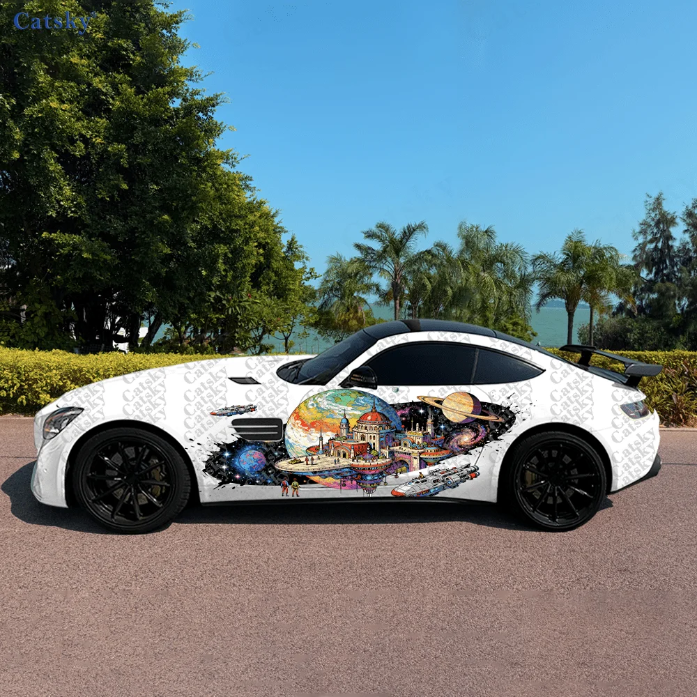 2pcs Fantasy Cosmic Castle World Car Side Car Wrap, Self-Adhesive PVC Waterproof & Scratch-Resistant Sticker, Car Accessory Gift
