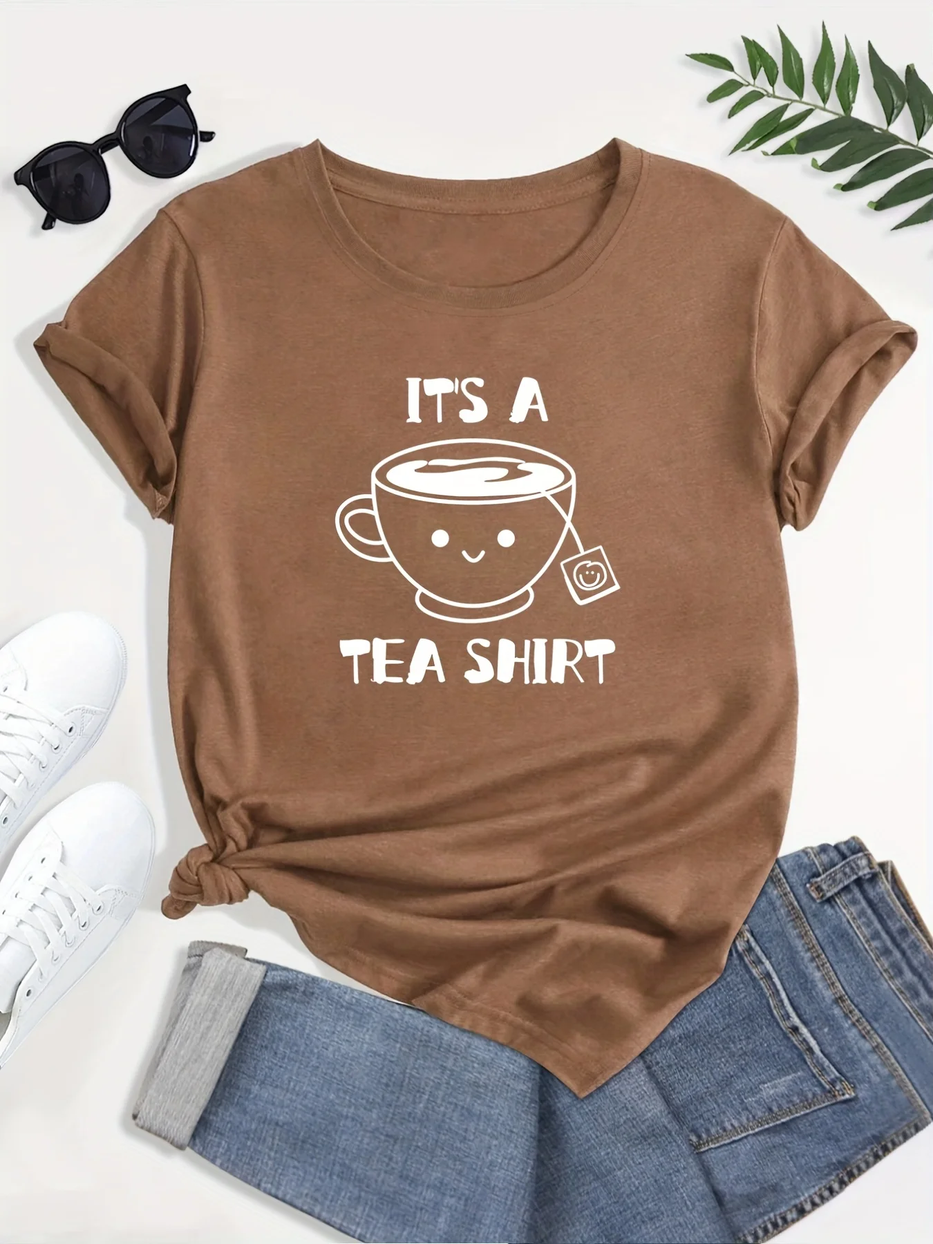 Plus Size Casual Tee, Women's Plus Cartoon Tea & Letter Print Short Sleeve Round Neck Slight Stretch T-Shirt